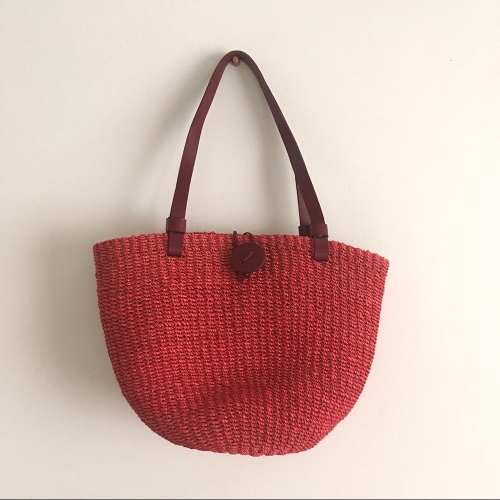 Vintage Red Natural Straw Tote Bag
